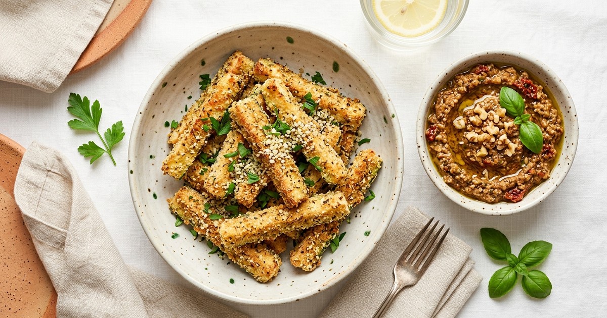 Air Fryer Almond-Hemp Zucchini Fries with Walnut Pomodoro Dip
