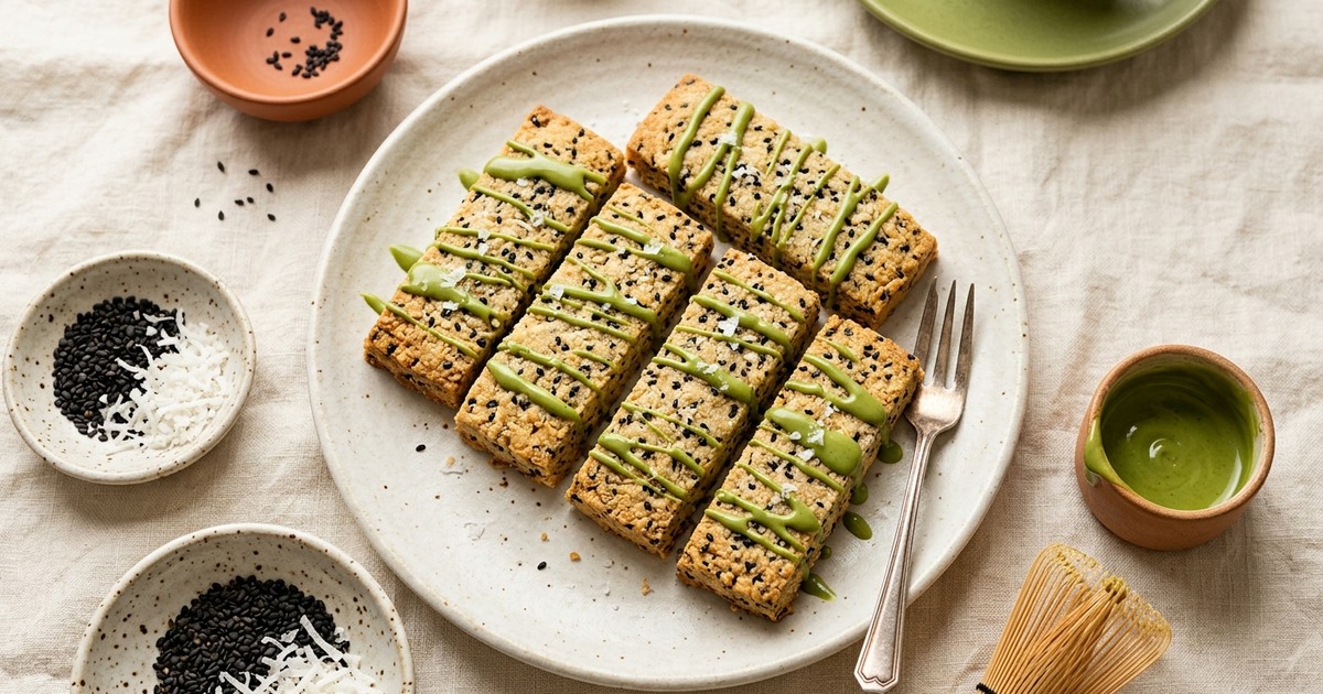 Air Fryer Black Sesame Coconut Shortbread with Matcha Drizzle