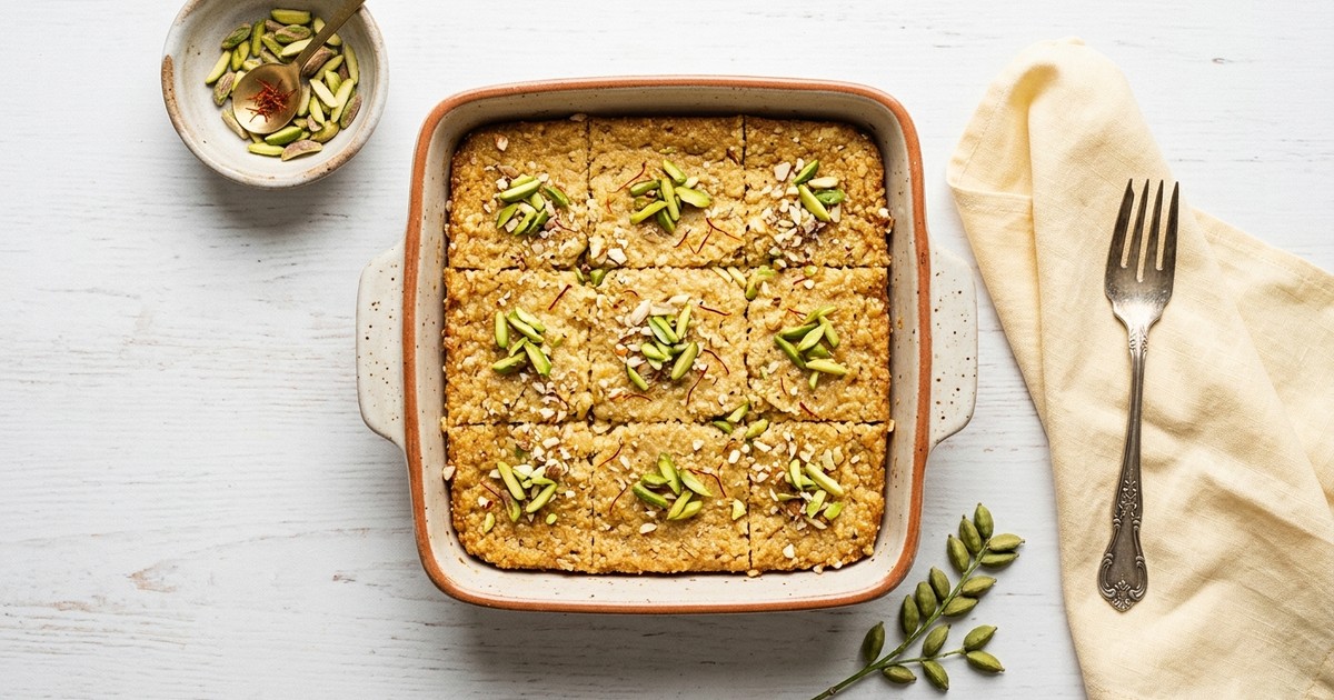 Air Fryer Cardamom Almond Kalakand with Saffron & Pistachios
