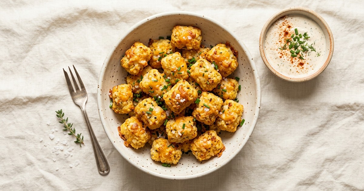 Air Fryer Cheddar-Gruyère Cauliflower Tots with Smoky Ranch Dip