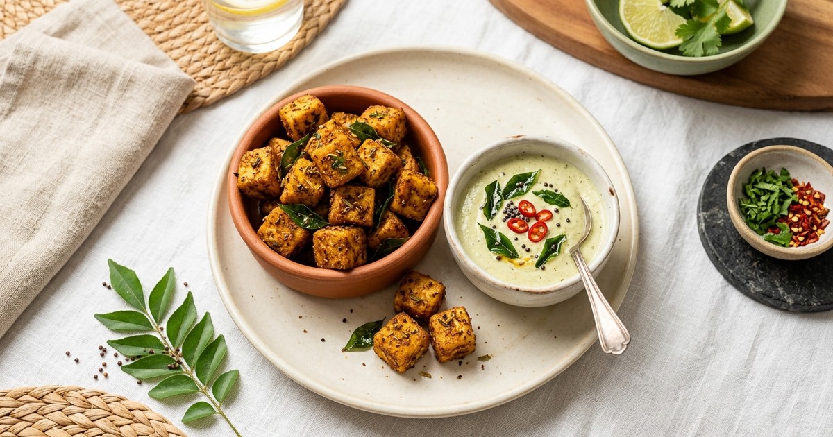 Air Fryer Chettinad Tofu Bites with Coconut-Curry Leaf Dip