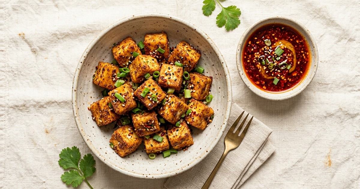 Air Fryer Chinese Five-Spice Paneer Bites with Chili Sesame Dip