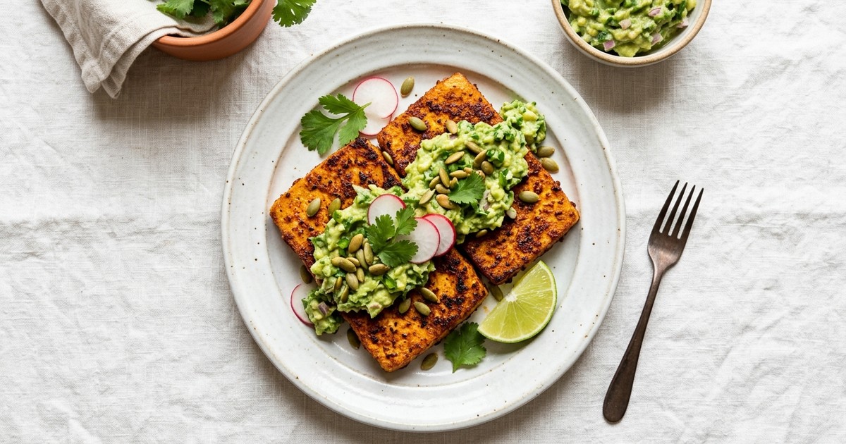 Air Fryer Chipotle-Cumin Tofu Steaks with Avocado Salsa Verde