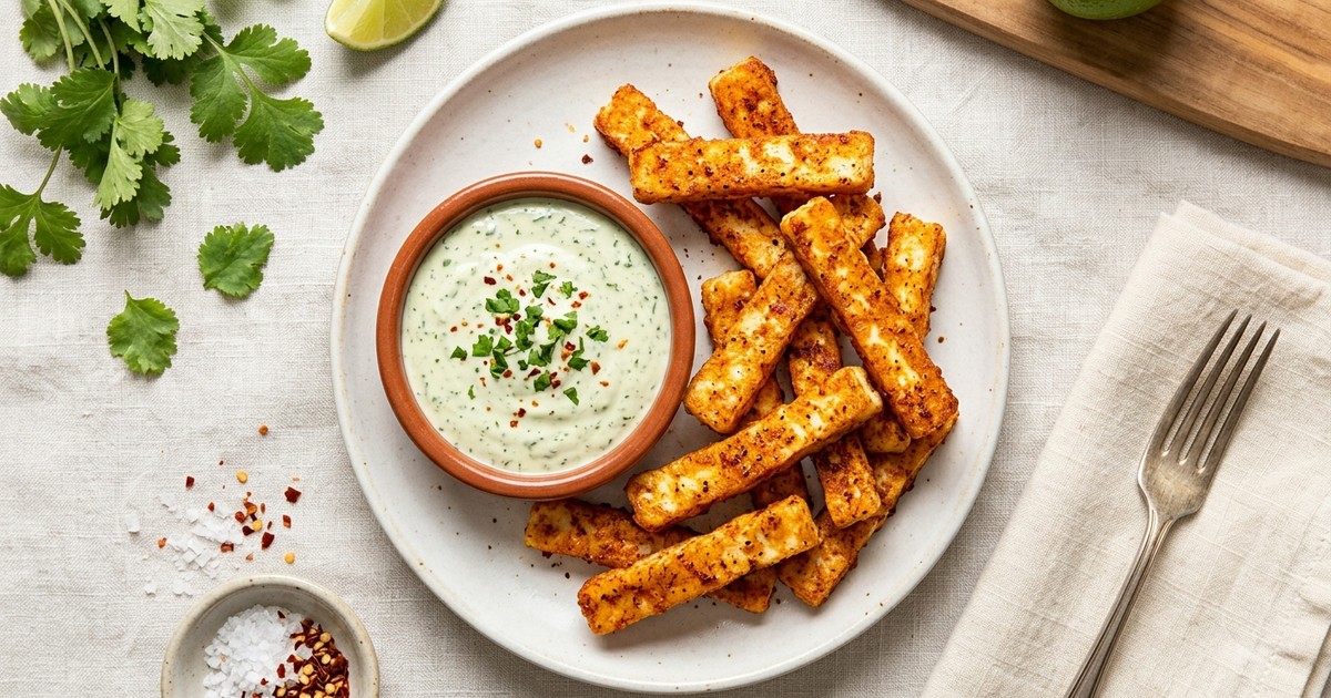 Air Fryer Chipotle Halloumi Fries with Cilantro-Lime Crema