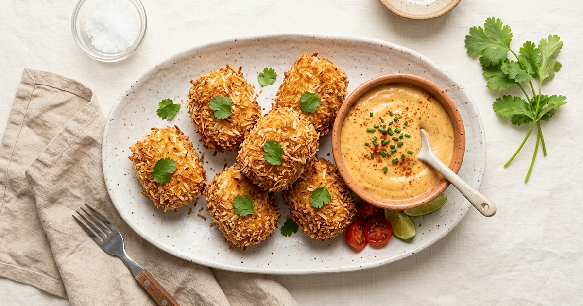 Air Fryer Coconut-Crusted Egg Croquettes with Smoky Cheddar Dip