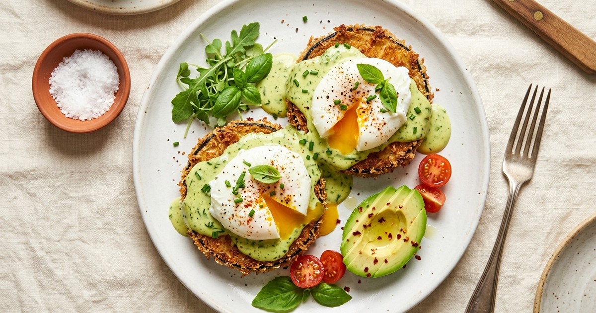 Air Fryer Coconut-Crusted Eggplant Benedict with Basil Hollandaise
