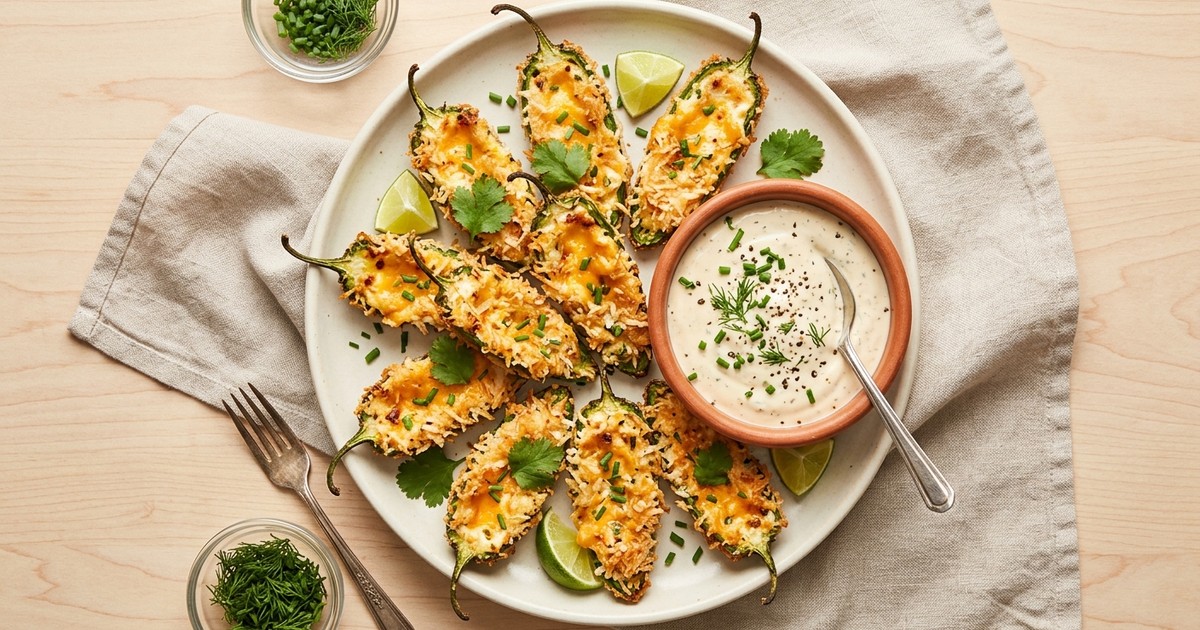 Air Fryer Coconut-Crusted Jalapeño Poppers with Cheddar Ranch Dip