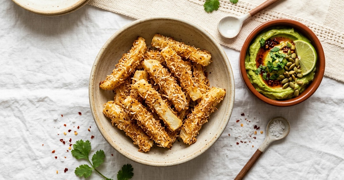 Air Fryer Coconut-Crusted Jicama Fries with Guajillo Avocado Dip