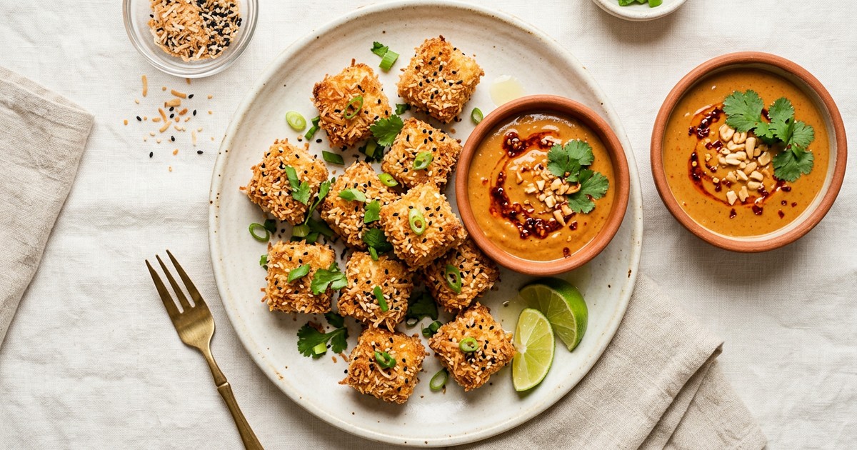 Air Fryer Coconut-Crusted Tofu Bites with Spicy Peanut Sauce