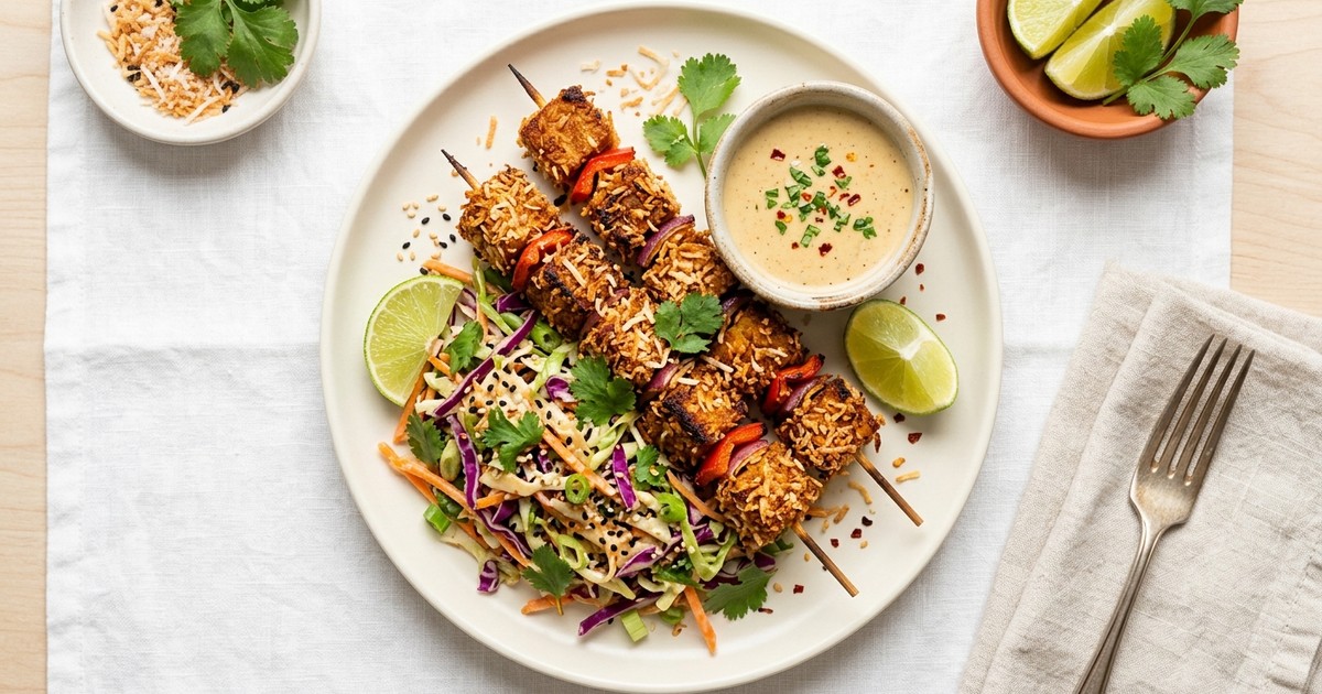 Air Fryer Coconut-Curry Tempeh Skewers with Sesame-Lime Slaw