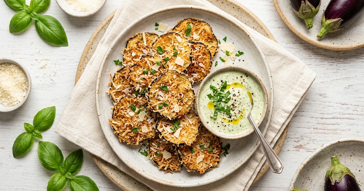 Air Fryer Coconut-Parmesan Eggplant Crisps with Creamy Basil Dip