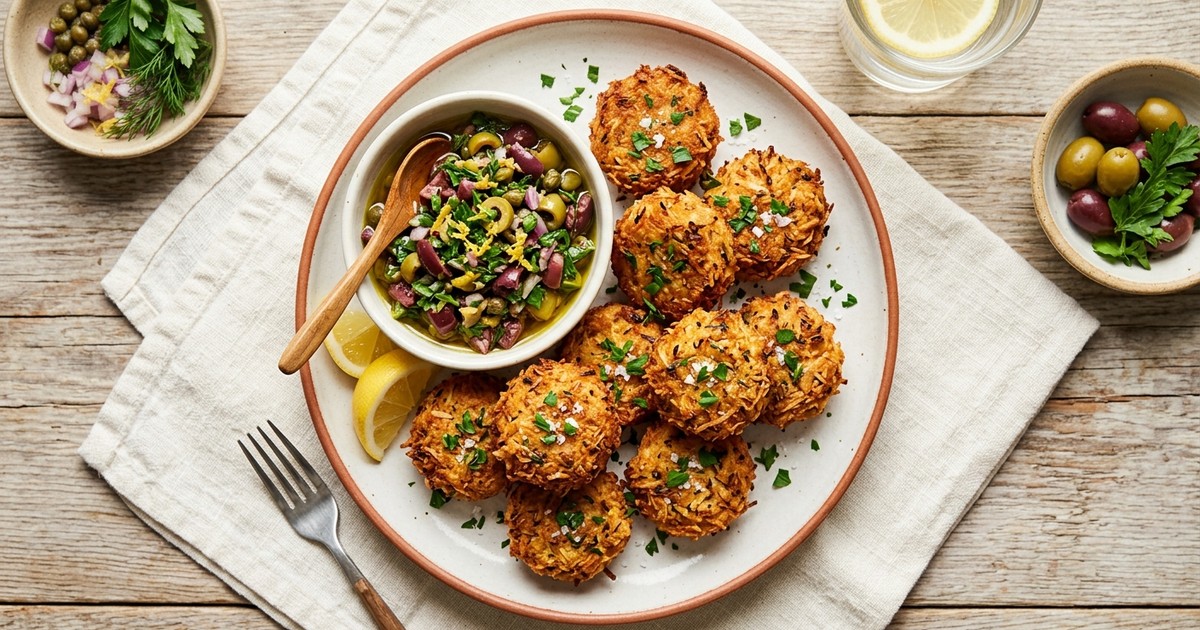 Air Fryer Coconut Tofu Keftedes with Lemon-Olive Relish