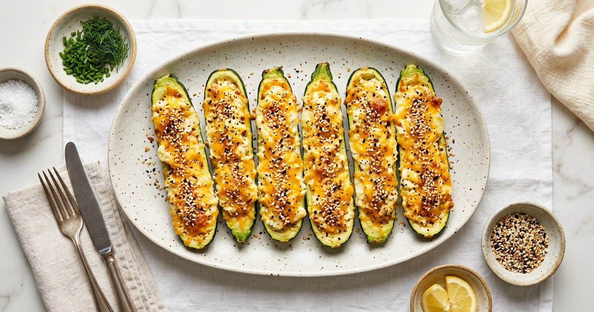 Air Fryer Cream Cheese Zucchini Boats with Everything Bagel Crunch
