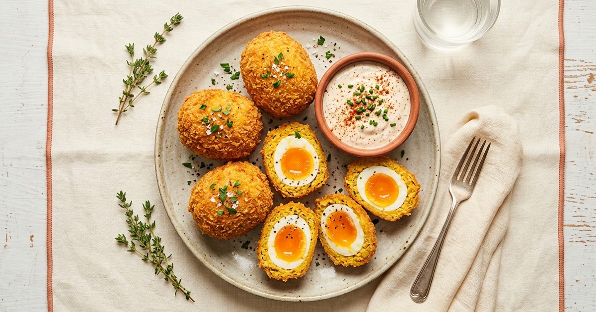 Air Fryer Crispy Cheddar Scotch Eggs with Smoky Ranch Dip