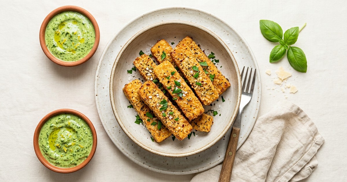 Air Fryer Crispy Italian Tempeh Sticks with Basil Cream Dip