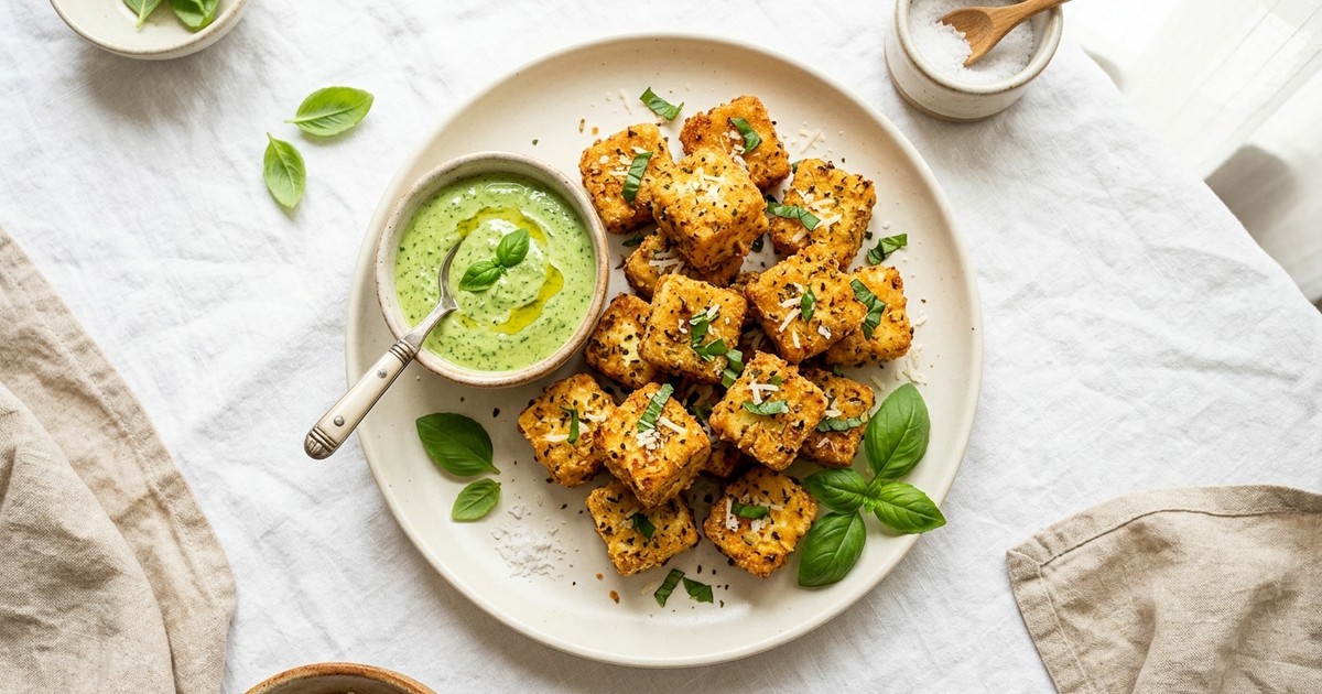 Air Fryer Crispy Paneer Parmesan Bites with Basil Dipping Sauce