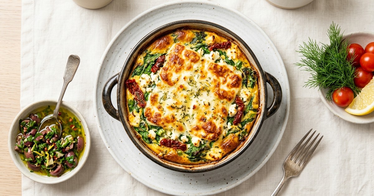 Air Fryer Greek Egg Bake with Golden Halloumi Crust & Olive Relish