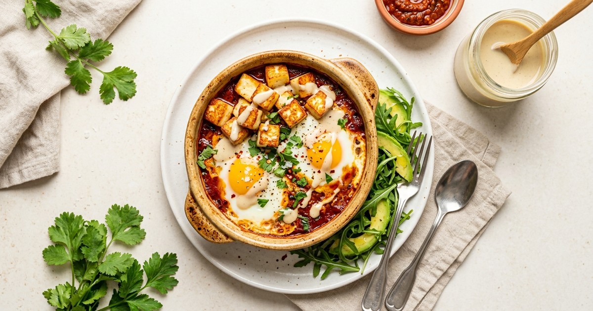 Air Fryer Harissa Baked Eggs with Crispy Halloumi & Lemon Tahini