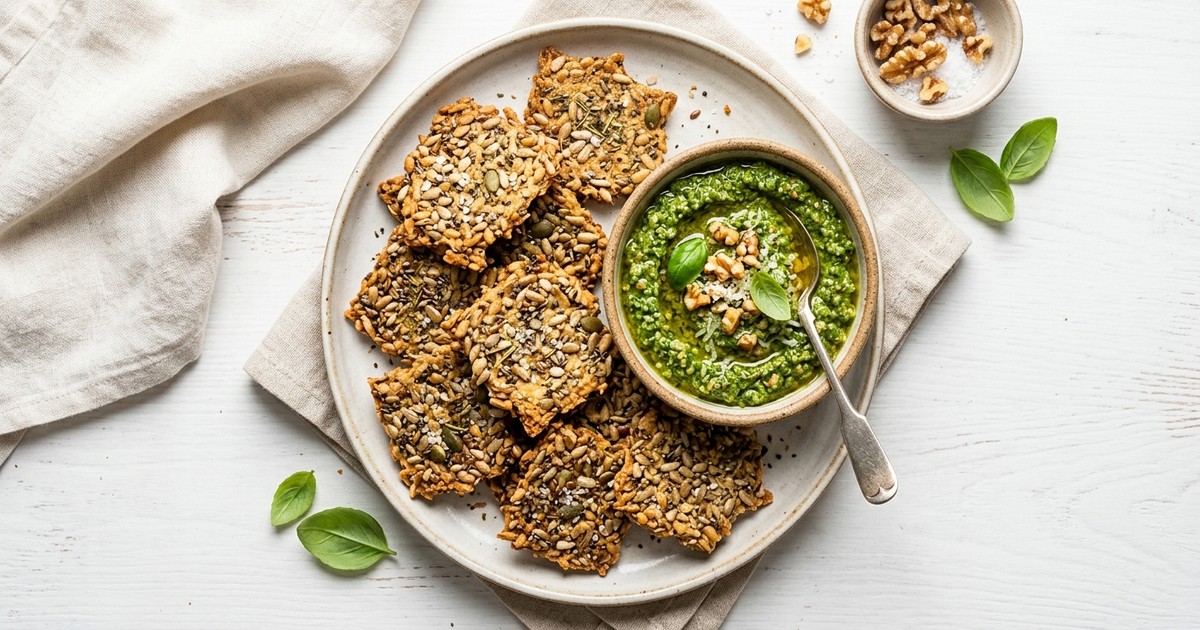 Air Fryer Italian Herb Seed Crackers with Walnut-Basil Pesto