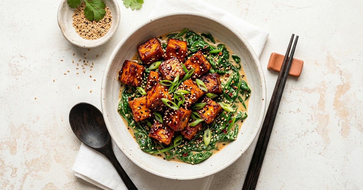 Air Fryer Korean Gochujang Tofu with Creamy Sesame Spinach