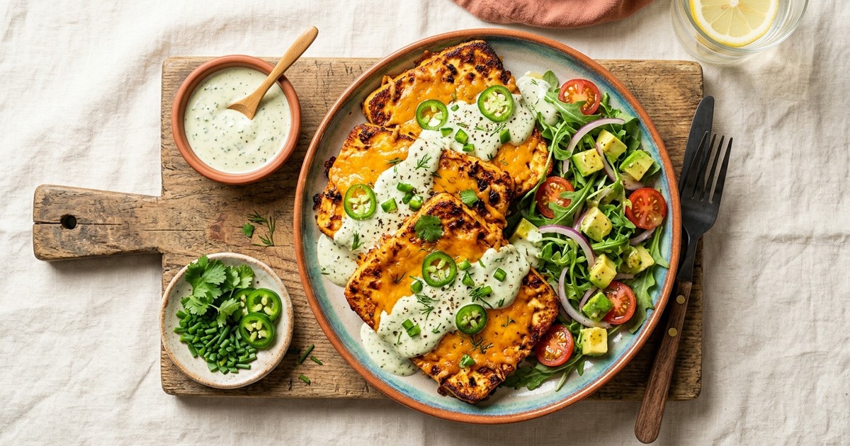 Air Fryer Loaded Cheddar Paneer Steaks with Jalapeño Ranch