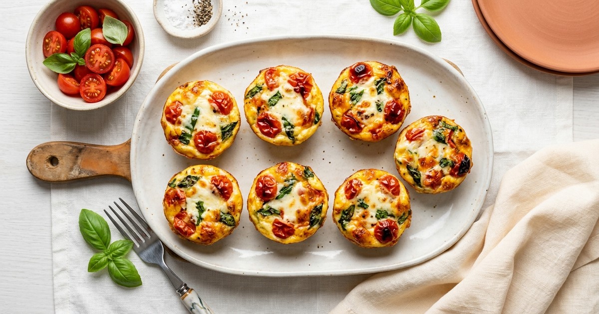 Air Fryer Margherita Egg Bites with Burst Tomatoes & Basil