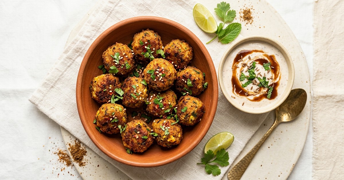 Air Fryer Masala Egg & Paneer Kofta Bites with Tamarind Yogurt