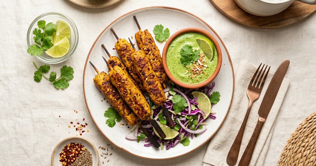 Air Fryer Masala Tofu Seekh Kebabs with Coconut-Cilantro Chutney