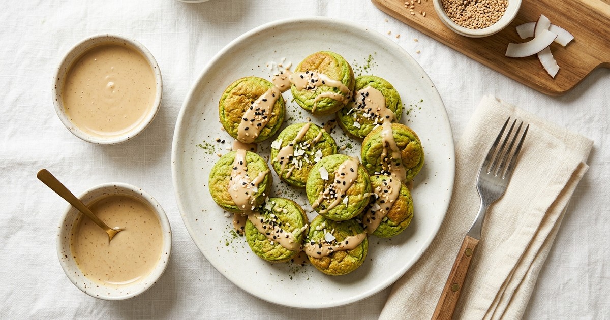 Air Fryer Matcha Coconut Pancake Bites with Sesame Cream