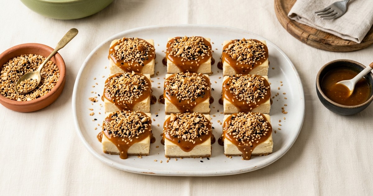 Air Fryer Miso-Caramel Cheesecake Bites with Toasted Sesame Crumble