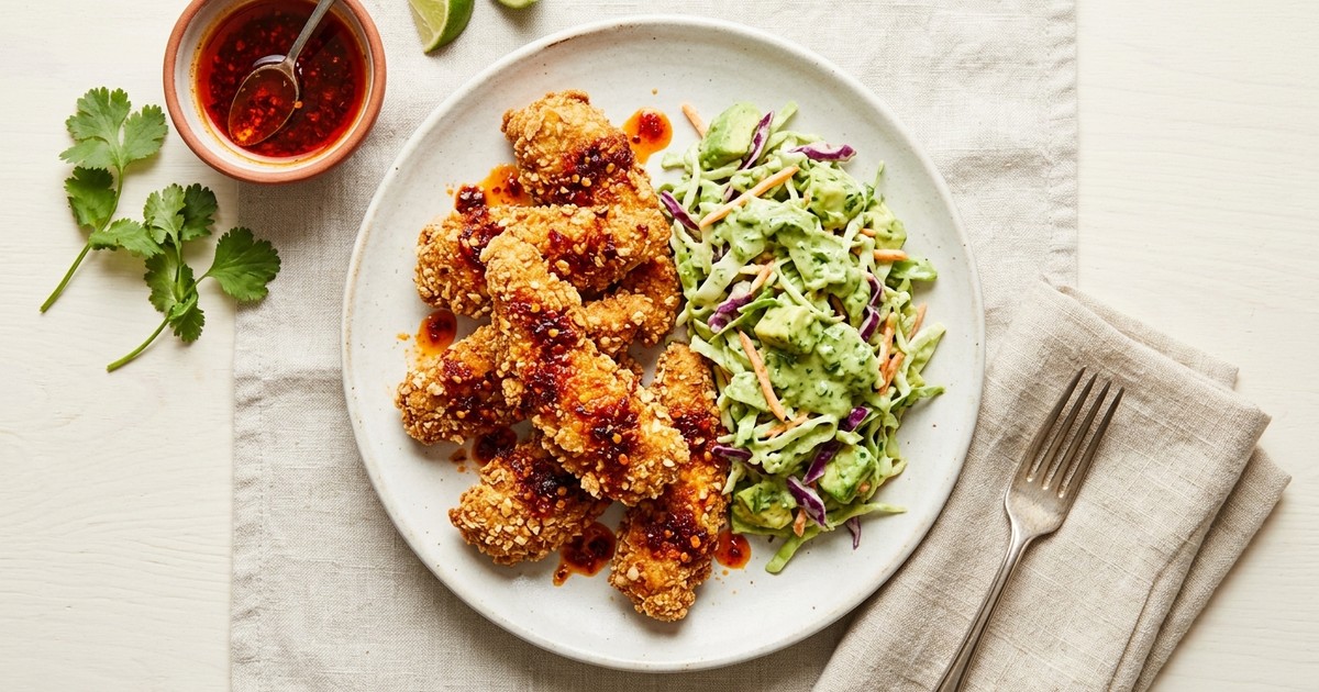 Air Fryer Nashville Hot Tofu Tenders with Cool Avocado Slaw