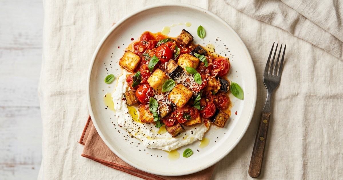Air Fryer Paneer alla Norma with Crispy Eggplant & Whipped Ricotta