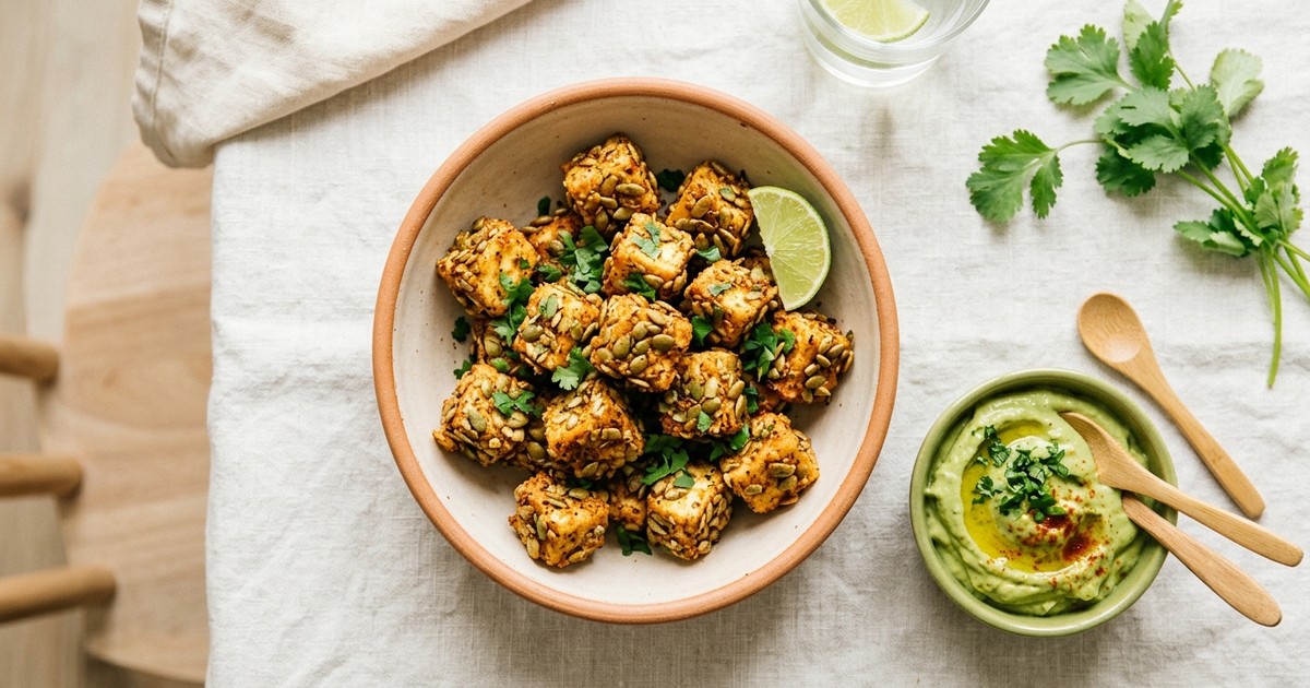 Air Fryer Pepita-Crusted Paneer Bites with Smoky Avocado Dip
