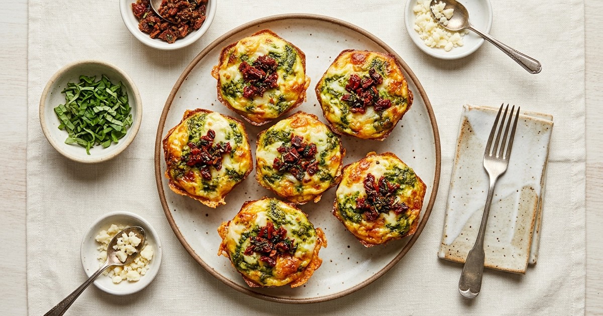 Air Fryer Provolone Pesto Egg Muffins with Sun-Dried Tomato Crumble