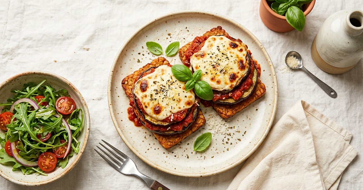 Air Fryer Tempeh & Eggplant Parm Stacks with Melted Mozzarella