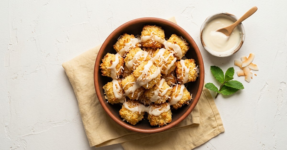 Air Fryer Toasted Coconut Pound Cake Bites with Cream Cheese Glaze