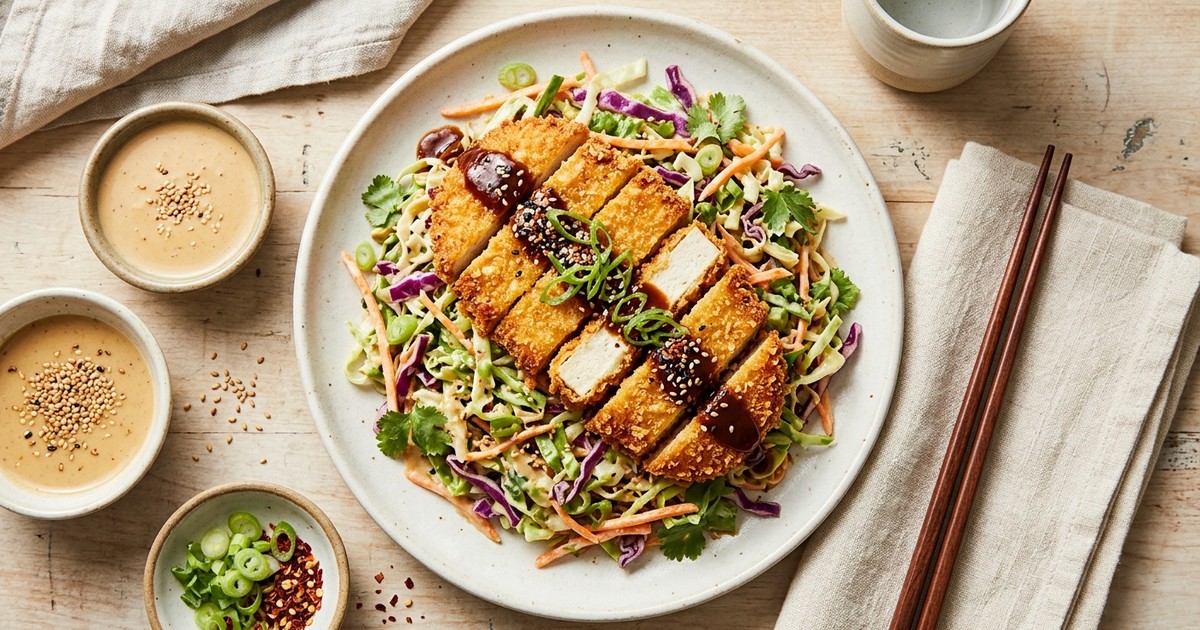 Air Fryer Tofu Katsu with Creamy Sesame-Ginger Slaw