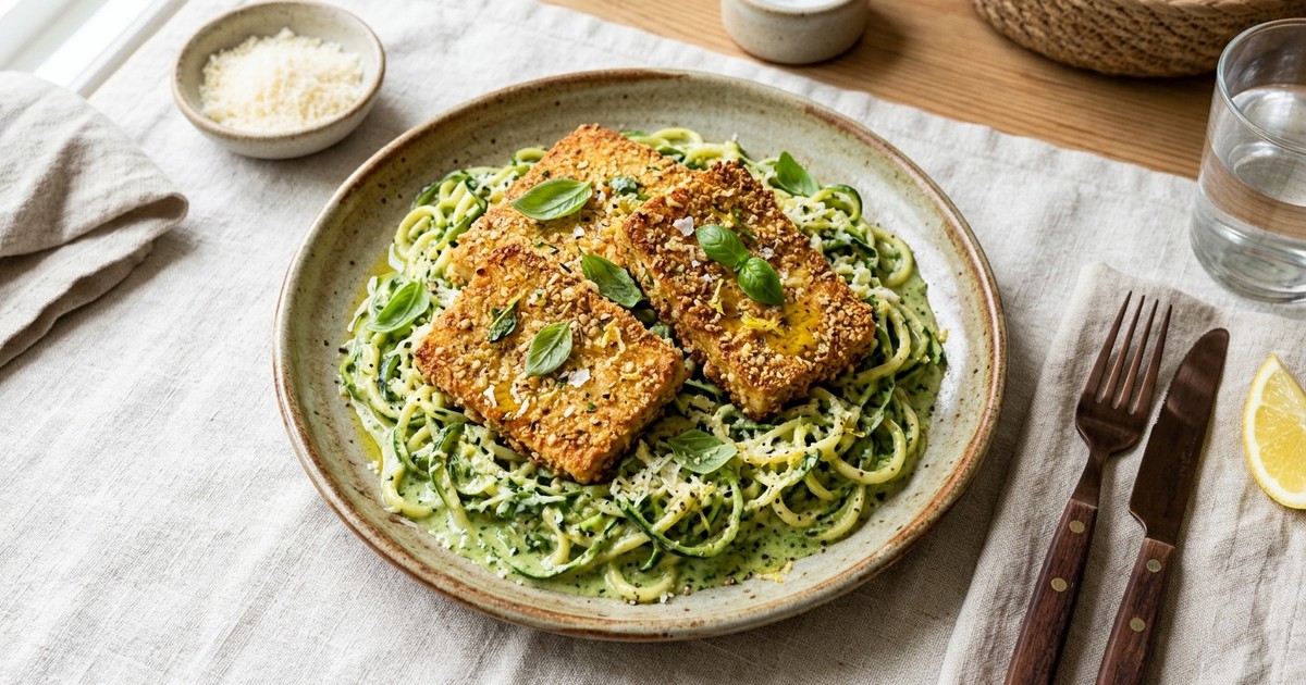Air Fryer Tofu Milanese with Creamy Basil Zucchini Noodles