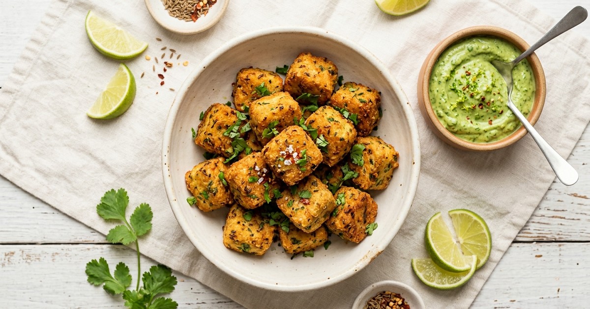 Air Fryer Tofu Tikki Bites with Avocado-Cilantro Chutney