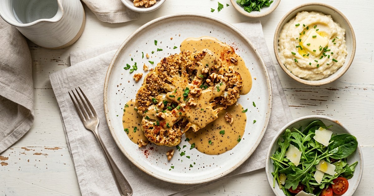 Air Fryer Walnut-Crusted Cauliflower Steaks with Smoky Cheddar Gravy