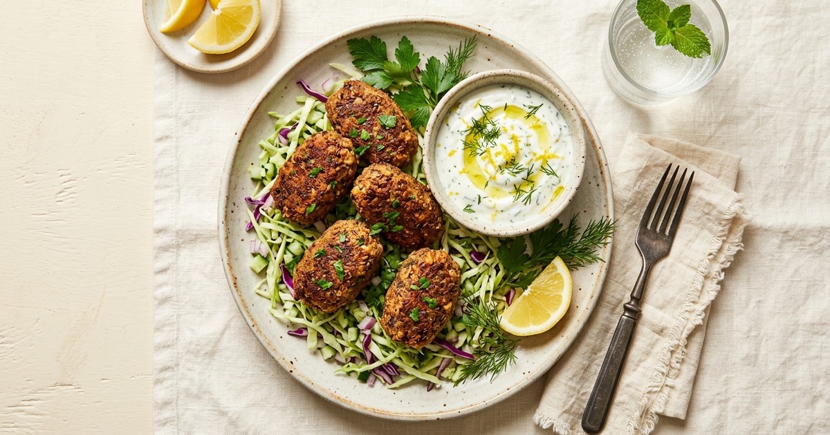 Air Fryer Walnut-Flax Kofta with Lemon-Dill Yogurt