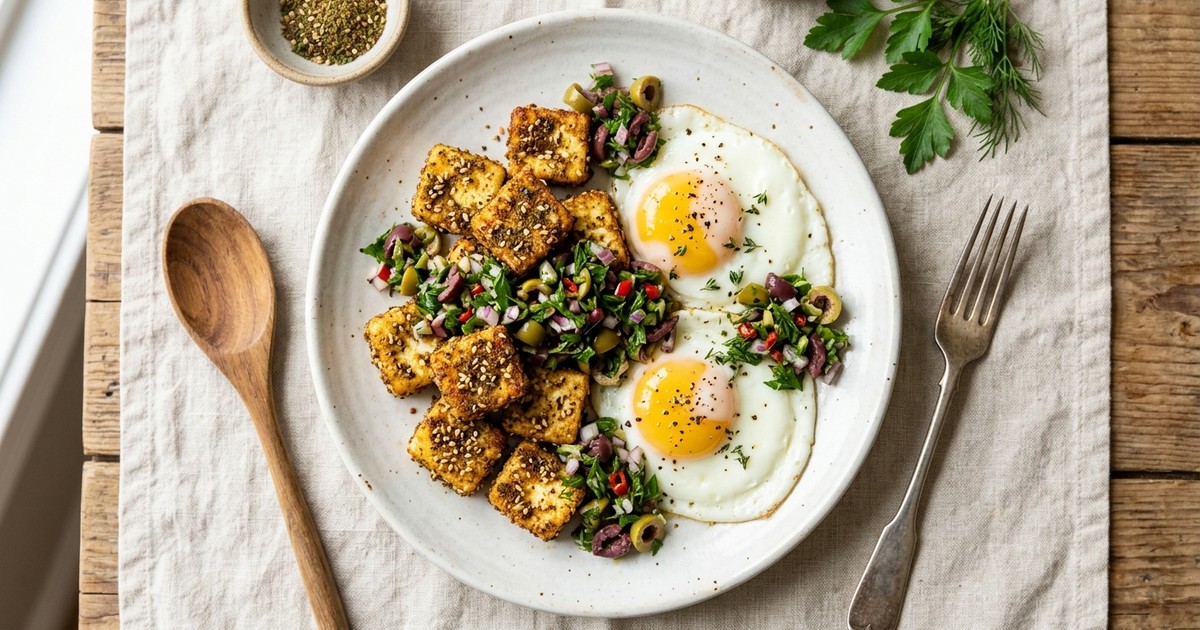 Air Fryer Za'atar Paneer with Soft Eggs & Olive-Herb Salsa