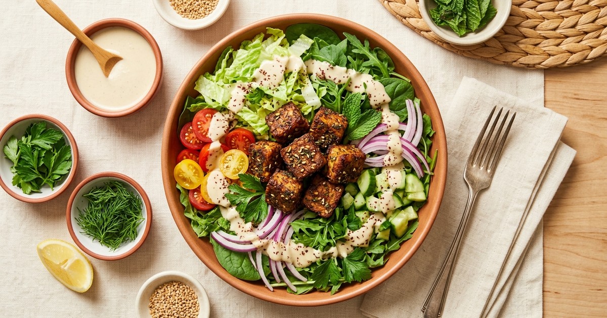 Air Fryer Za'atar Tempeh Shawarma Bowls with Lemon Tahini