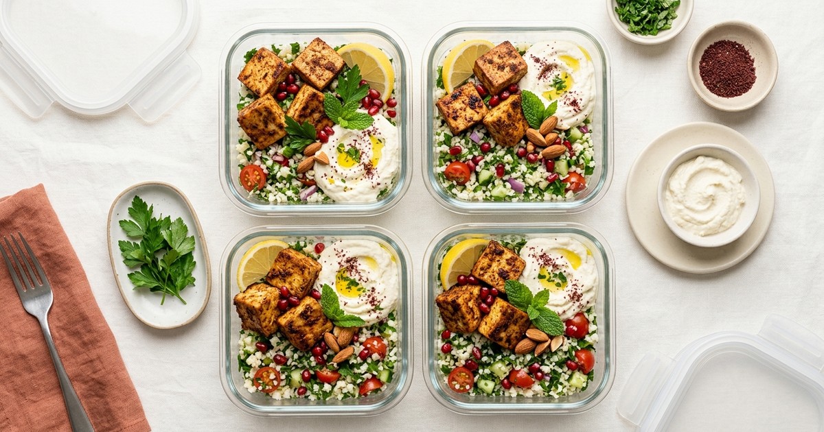 Batch-Prep Baharat Tofu Bowls with Cauliflower Tabbouleh & Whipped Feta