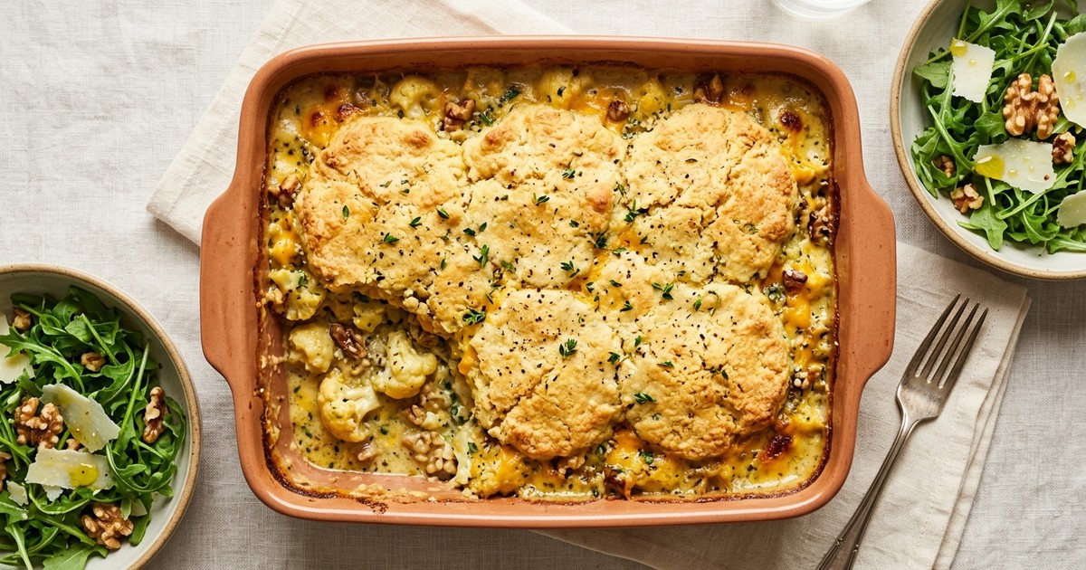 Batch-Prep Cheesy Walnut-Hemp Casserole with Almond Biscuit Top