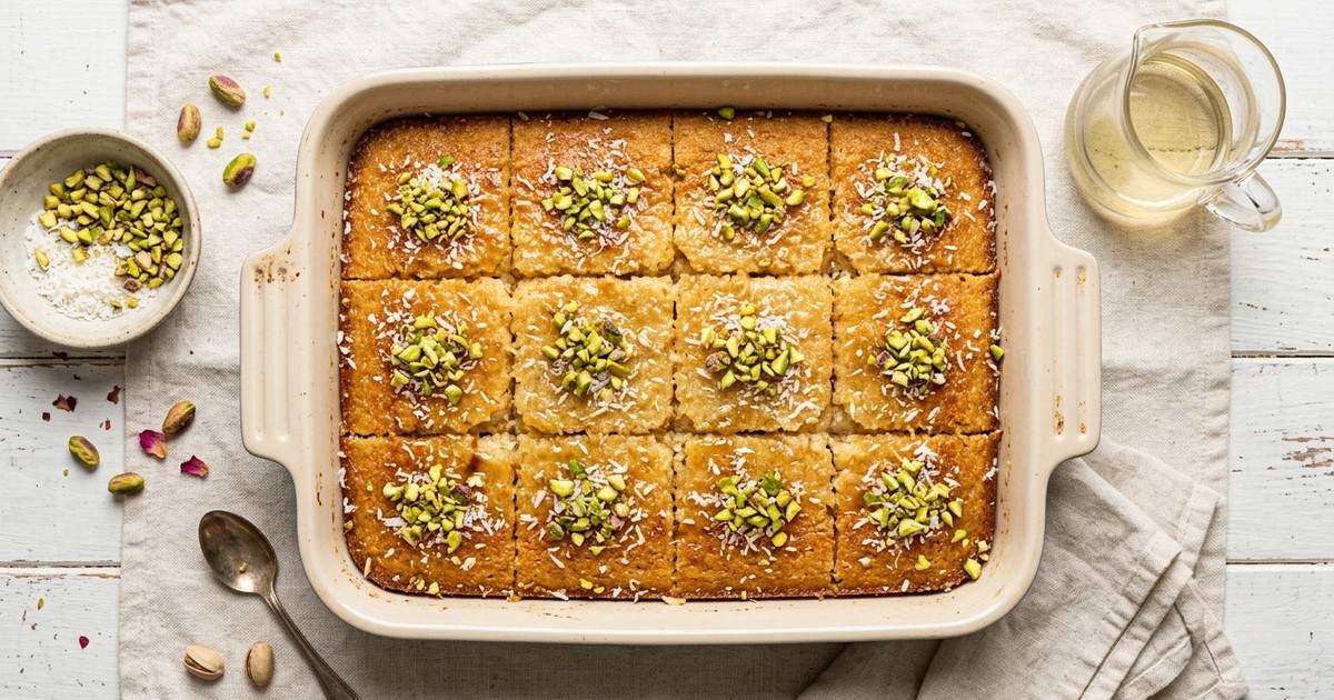 Batch-Prep Coconut Basbousa Squares with Orange Blossom Syrup & Pistachios