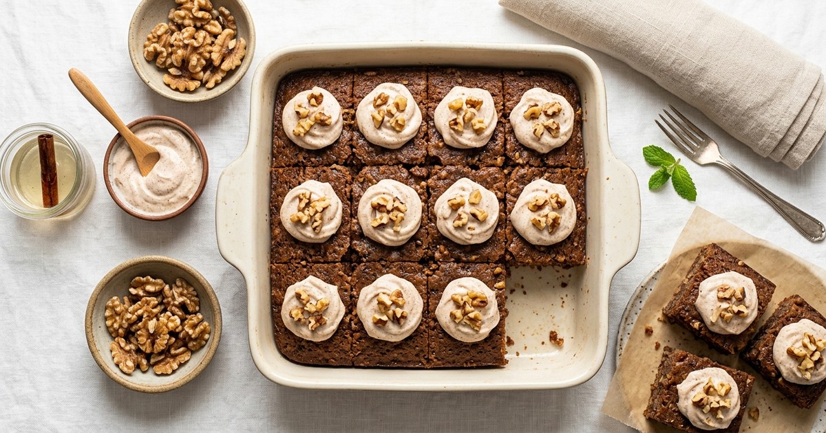 Batch-Prep Greek Karydopita Squares with Cinnamon Cream & Toasted Walnuts