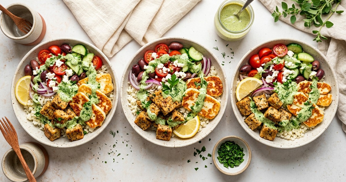 Batch-Prep Greek Tempeh Souvlaki Bowls with Crispy Halloumi & Herb Tahini