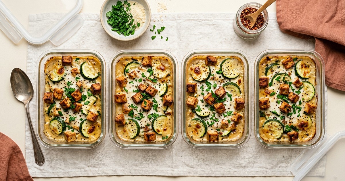 Batch-Prep Italian Coconut Carbonara Bake with Smoked Tofu & Zucchini