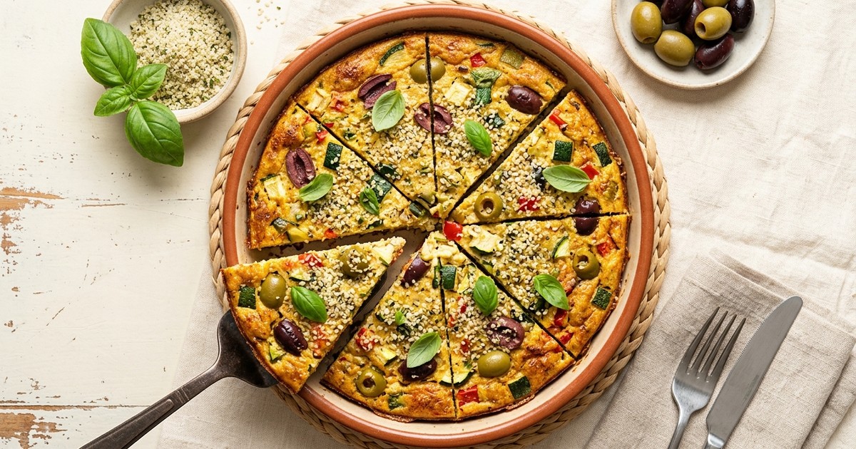 Batch-Prep Italian Coconut Tofu Frittata with Olives & Hemp Parmesan